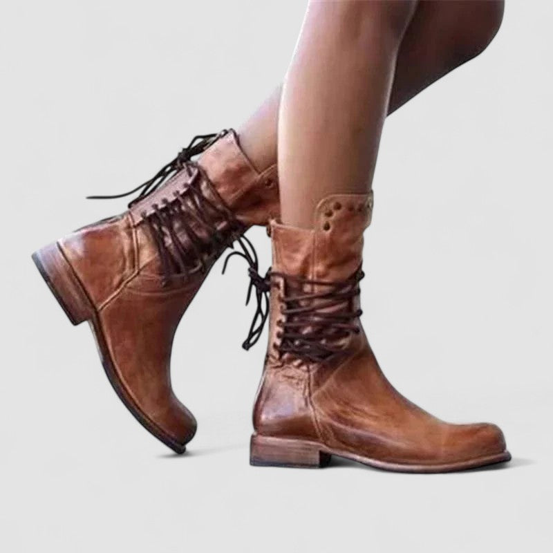 Rachel vintage lace-up ankle boots in brown, front walking view