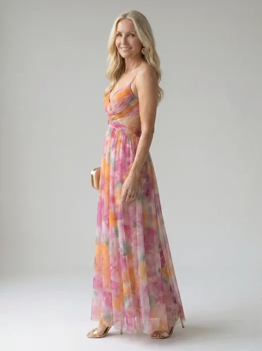 Isel soft wrap maxi dress in pink multicolour, side view
