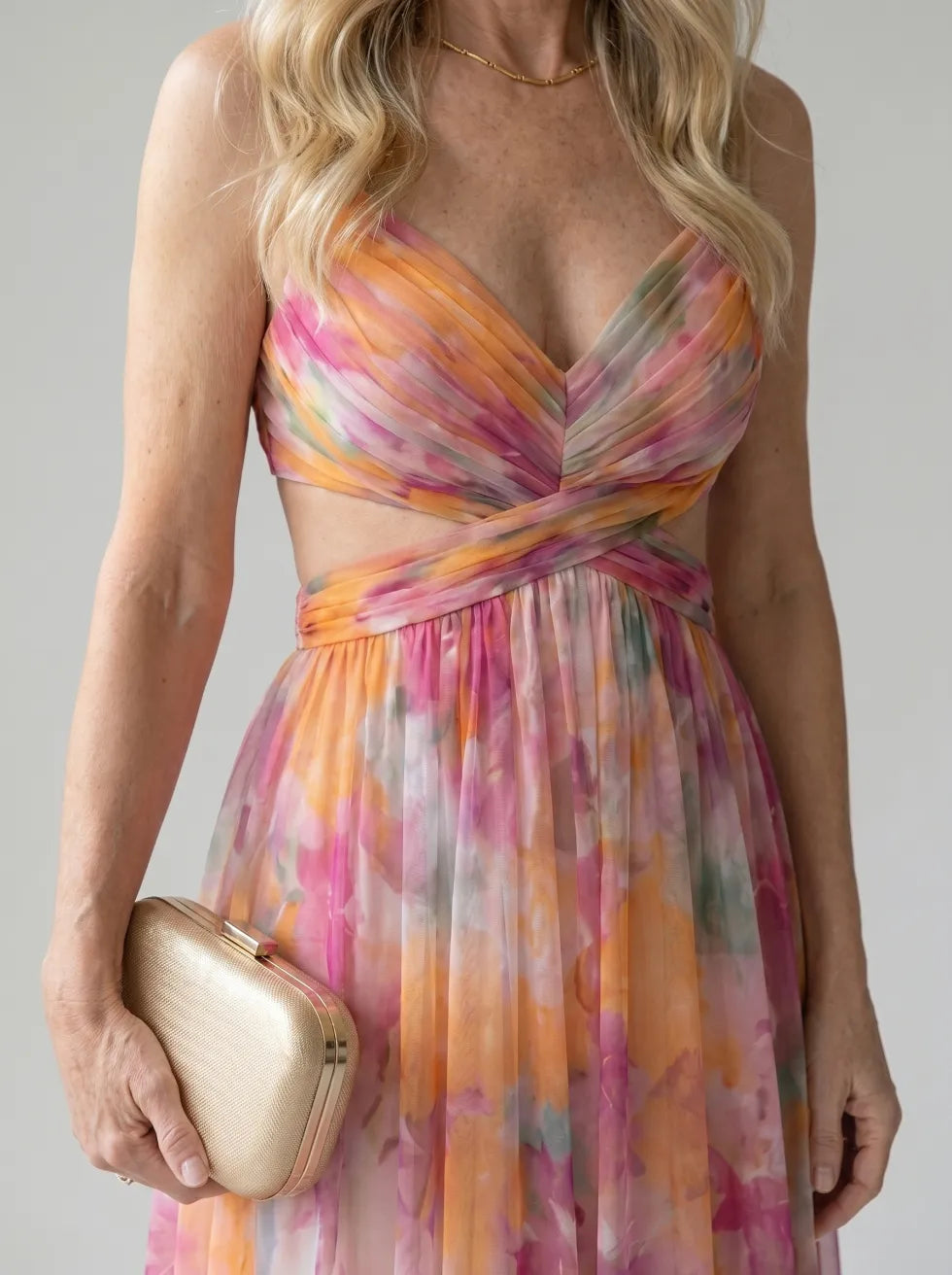 Isel maxi dress bodice detail in pink multicolour, pleated wrap neckline