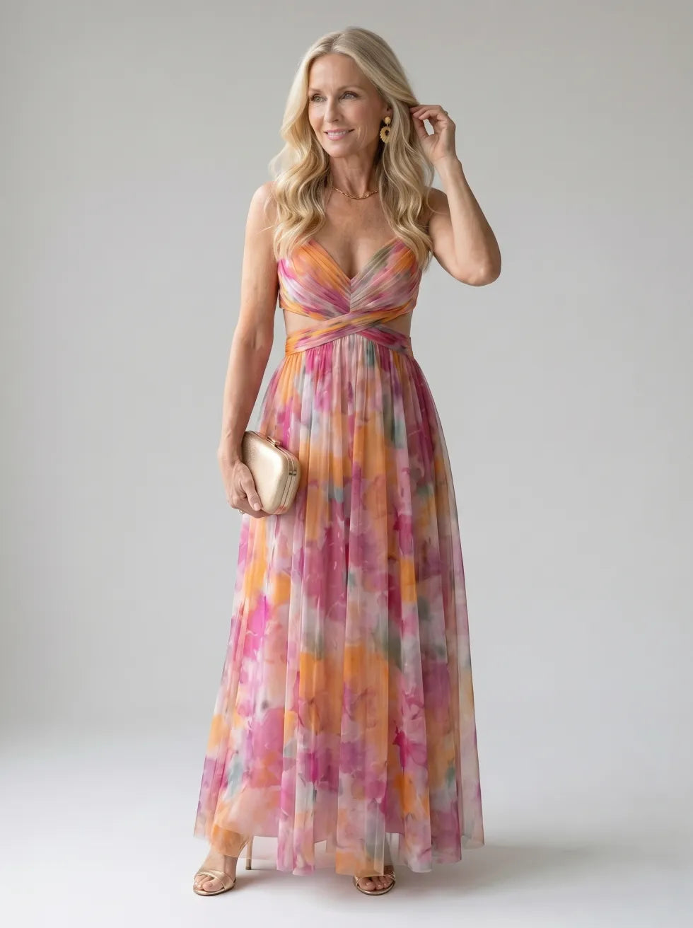 Isel soft wrap maxi dress in pink multicolour, full-length front view