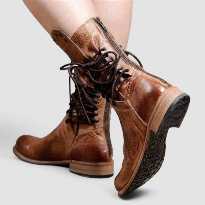 Rachel vintage lace-up ankle boots in brown, back view showing side zip and sole