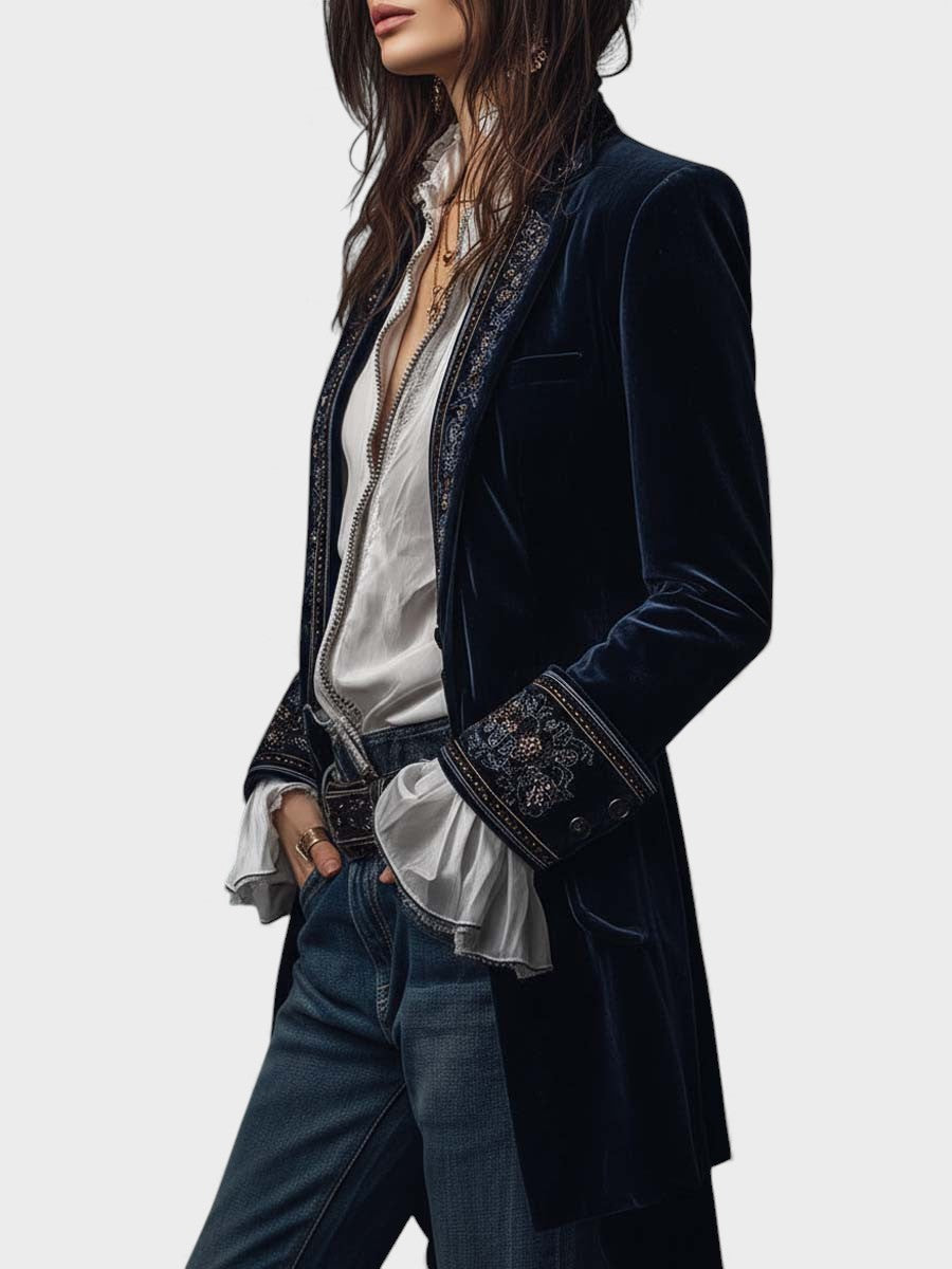 Nurie velvet blazer in navy blue, side view showing longline cut