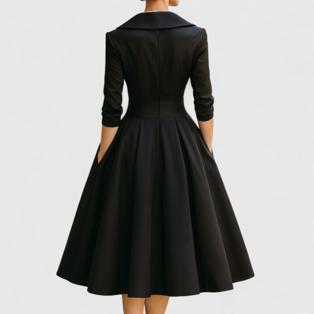 Marley Quinn elegant midi dress in black, back view with zip closure