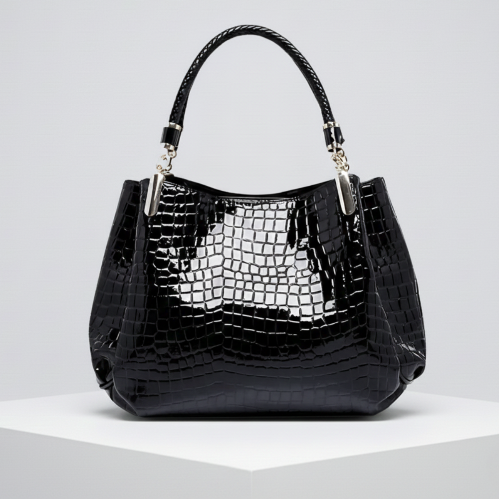 Lusso Milano crocodile shoulder bag in black, front view