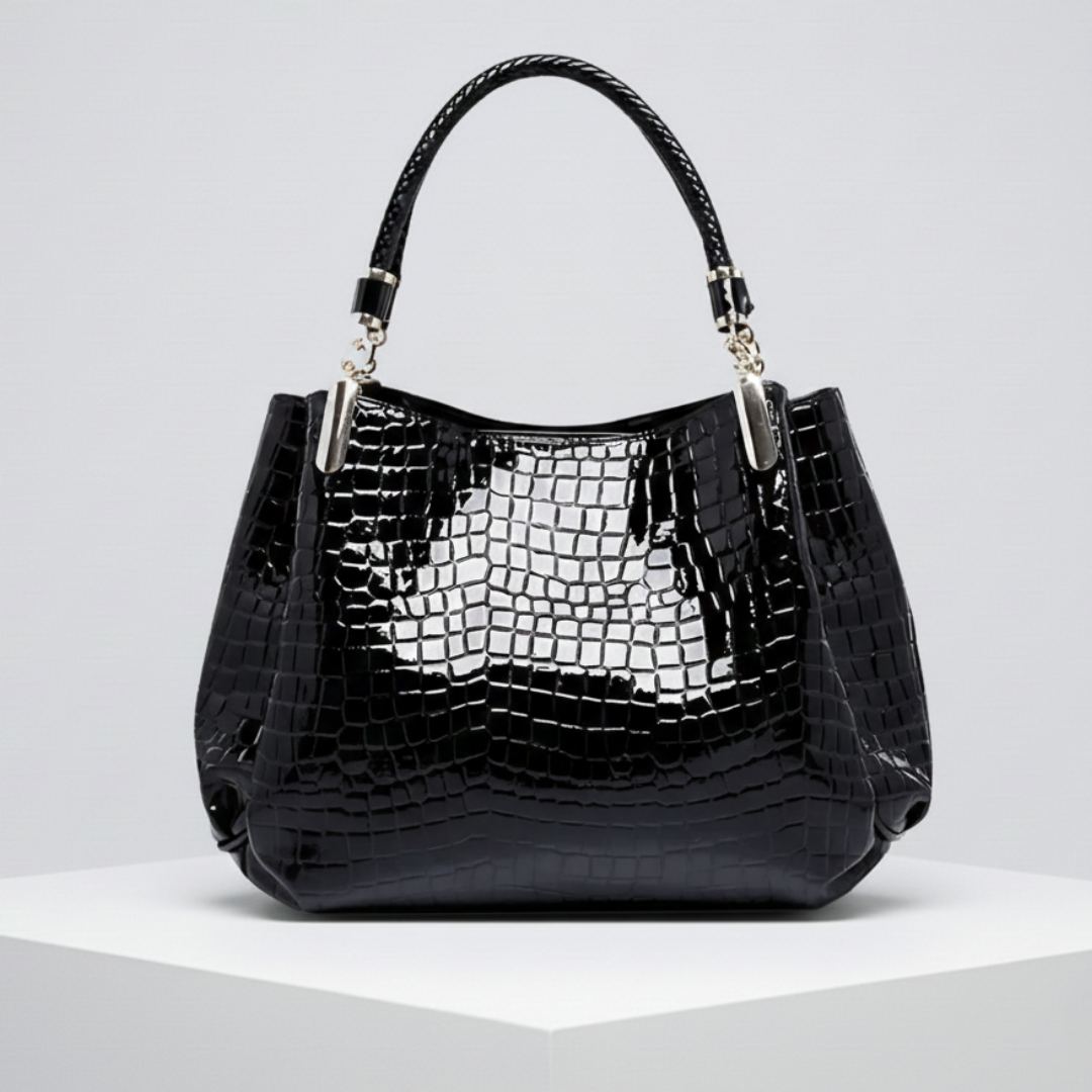 Lusso Milano crocodile shoulder bag in black, front view