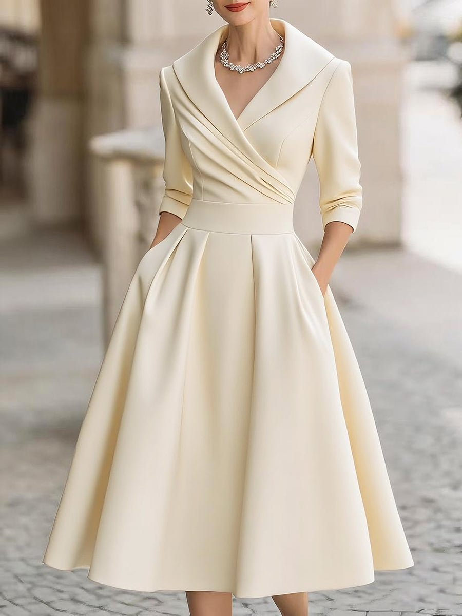 May elegant midi dress in beige, full-length front view