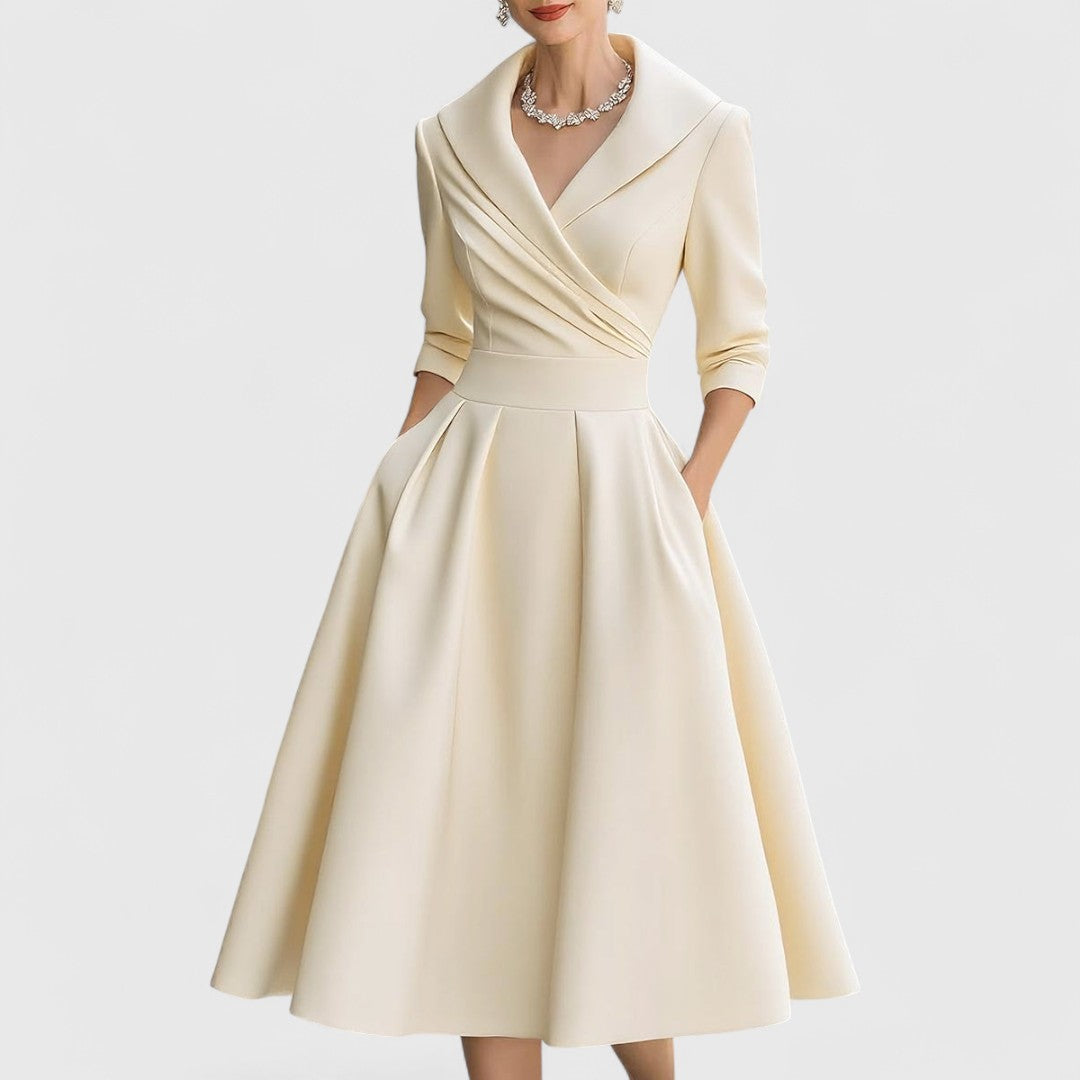 Marley Quinn elegant midi dress in beige, full-length front view
