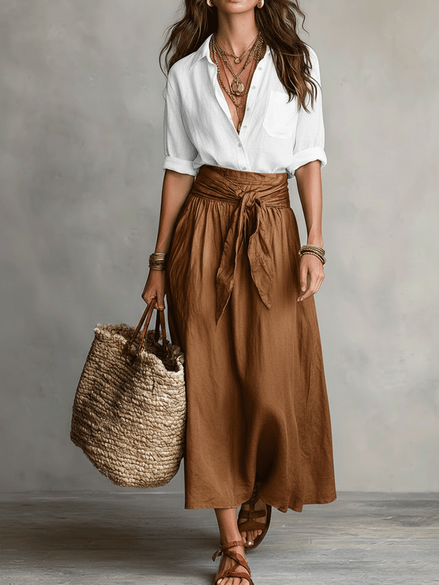 Boho skirt set with white shirt and tan brown tie-waist skirt, front view