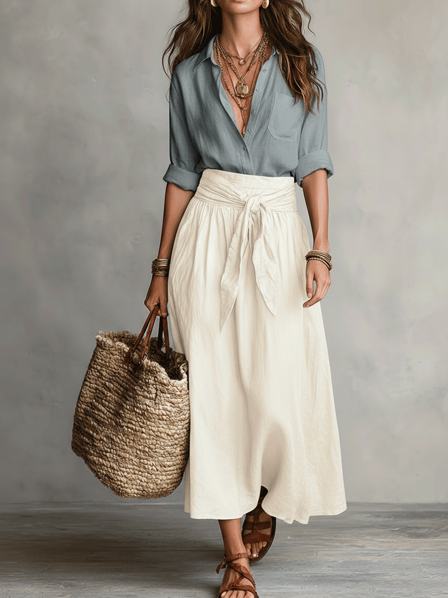 Boho skirt set with blue shirt and cream long skirt, full-length front view