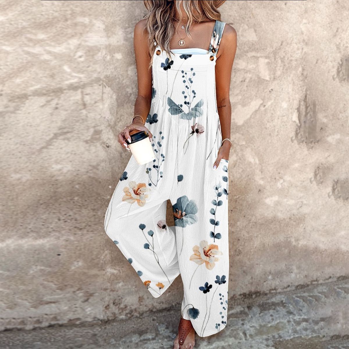 Fiona floral dungarees in white, full-length front view