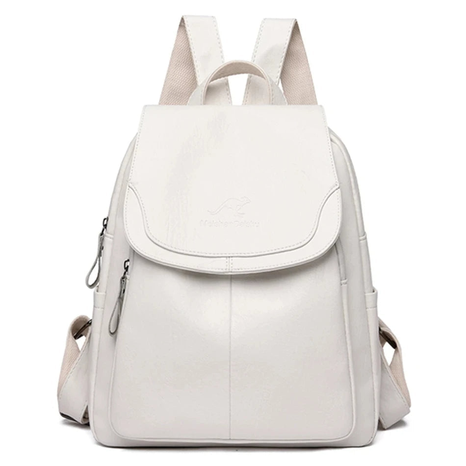 Phoebe secure leather backpack in white, front view with padded straps