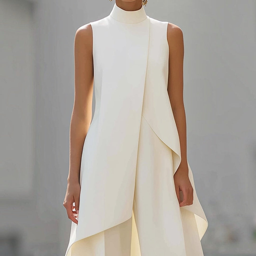 Valentina jumpsuit in white, close-up of high neckline and drape