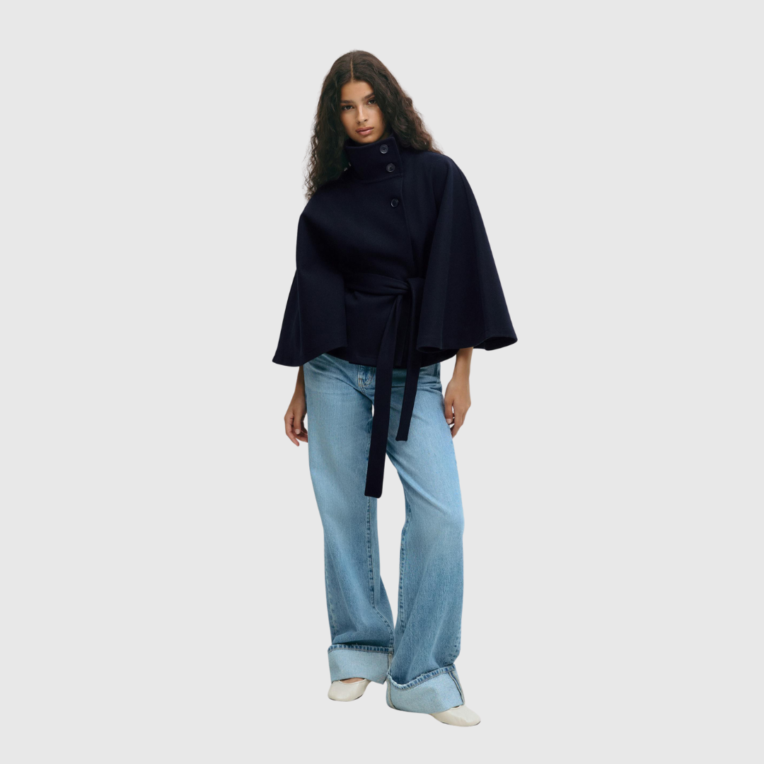 Rhoslyn belted cape jacket in navy blue, full-length front view