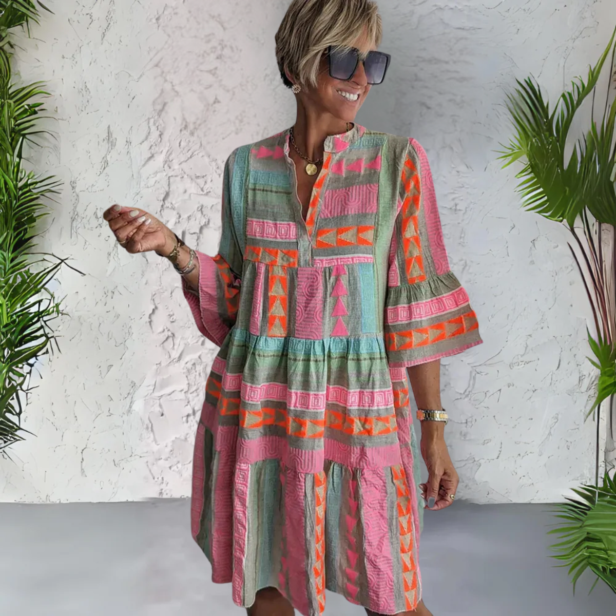 Chloe Lunara printed dress worn outdoors, full-length front view