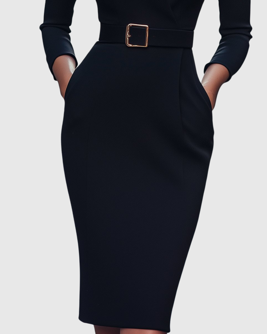Claribel midi dress in navy, close-up of side pockets and pencil skirt