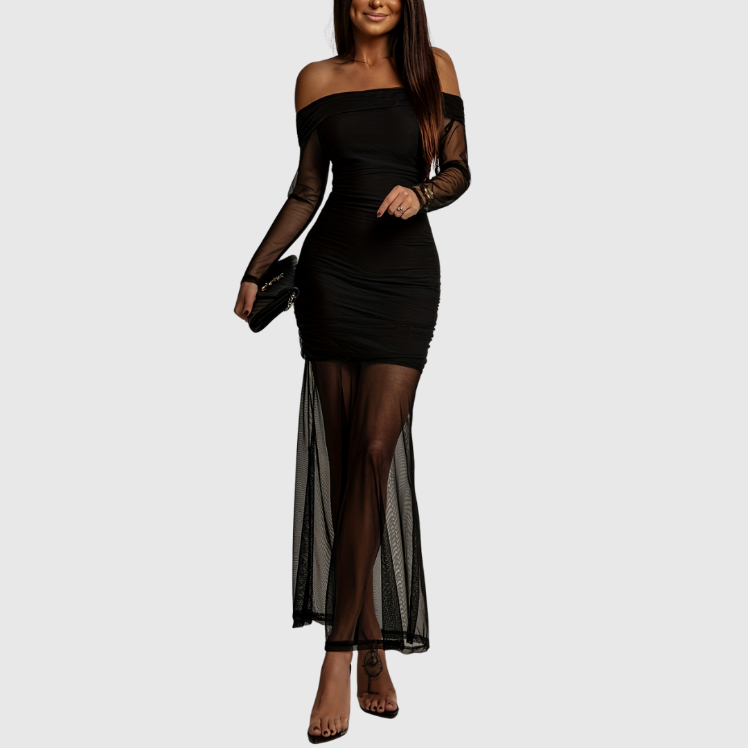 Evangeline off-shoulder evening dress in black, full-length front view
