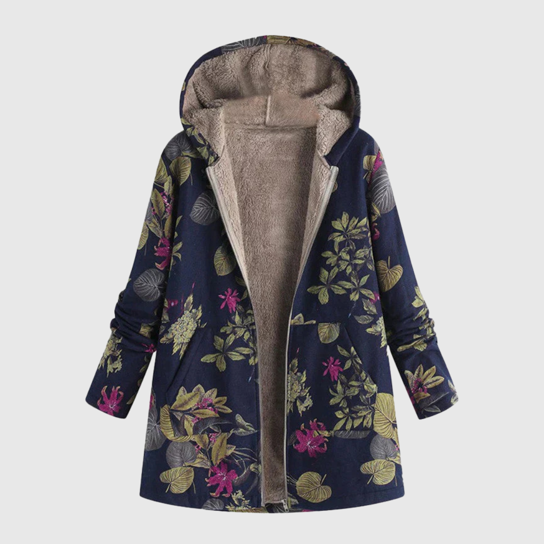 Willow warm hooded jacket in navy floral print, front view