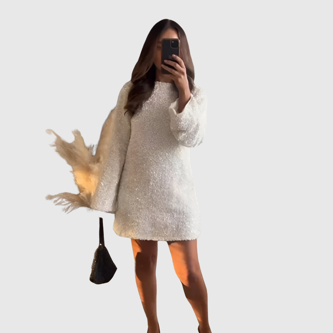 Maribelle sequin mini dress in white, relaxed straight-cut front view