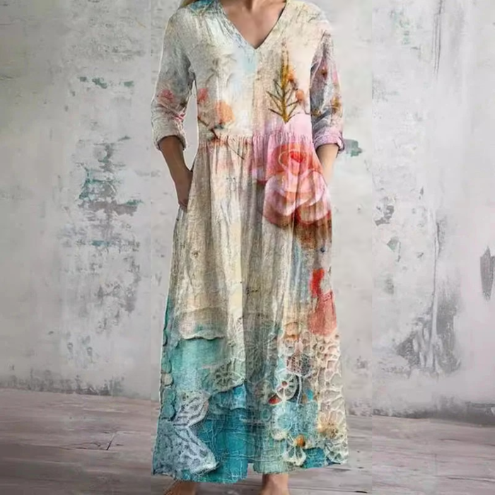 Patricia floral summer dress in multicolour painted print, full-length front view