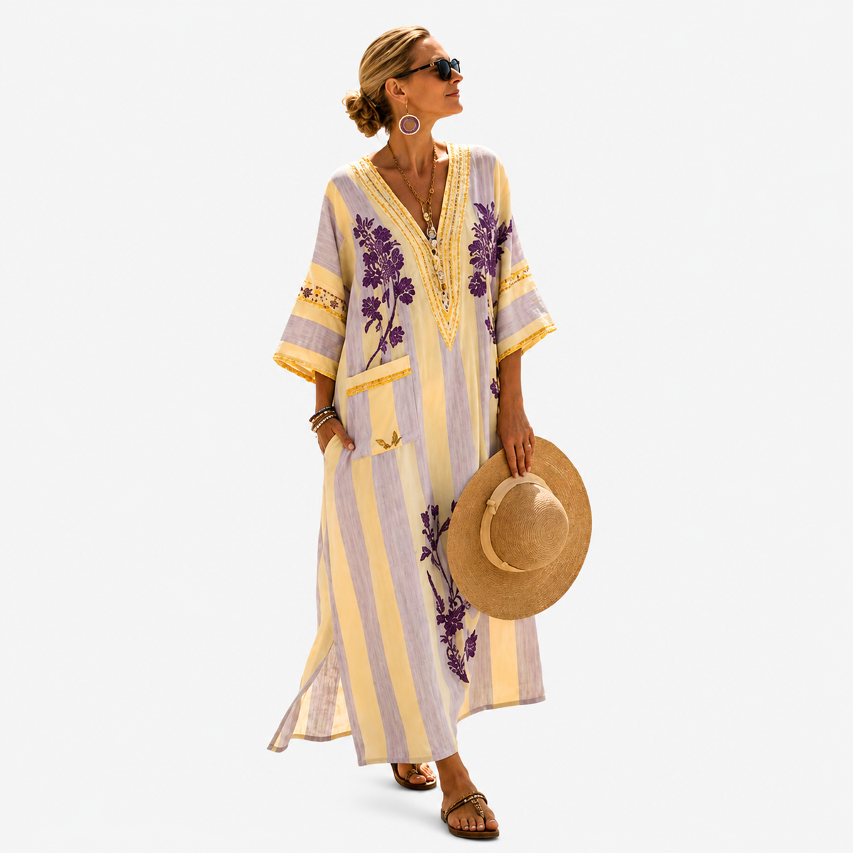 Long kaftan in lilac and yellow stripe with purple floral bouquet print, full-length front view