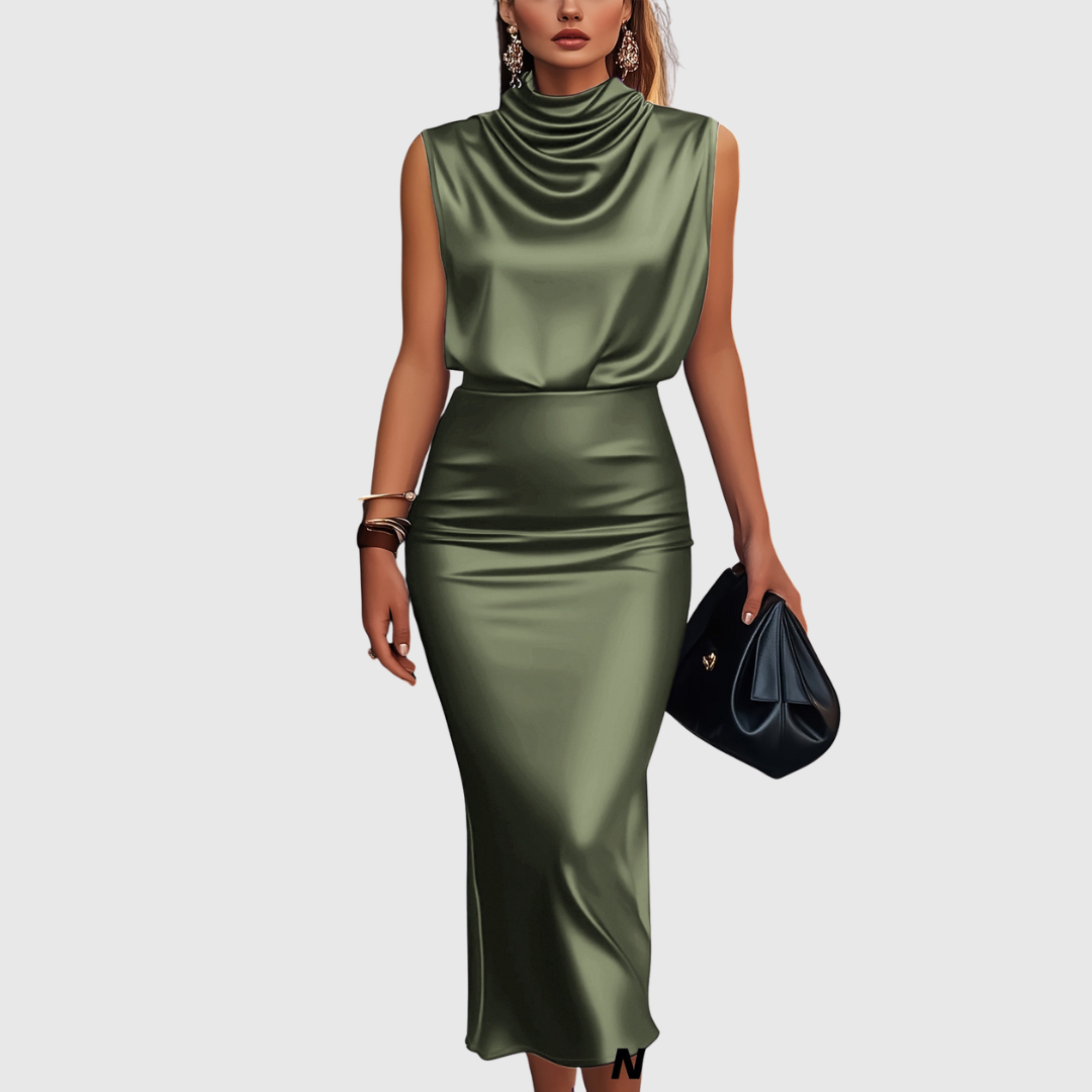 Edem satin top and skirt set in army green, full-length front view