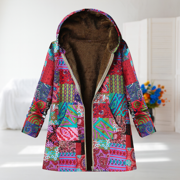 Carole hooded patchwork coat in red, pink and turquoise, open front view