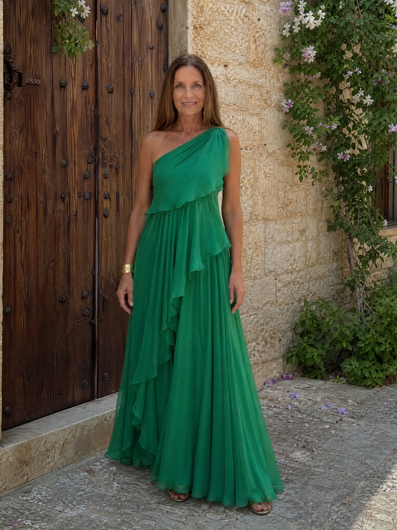 Arabella green ruffle maxi dress worn outdoors by a stone doorway