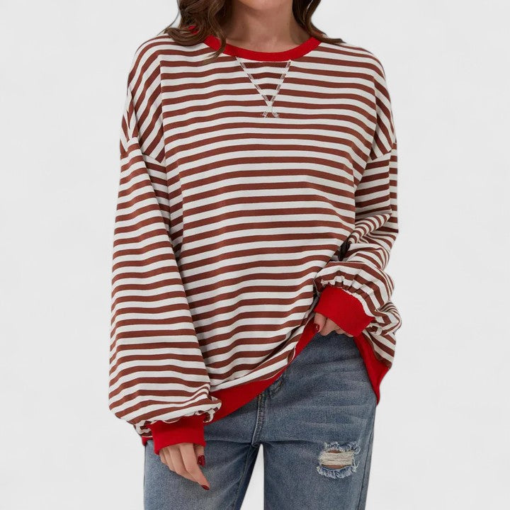 Olwyn everyday striped sweater in red wine and cream, front view