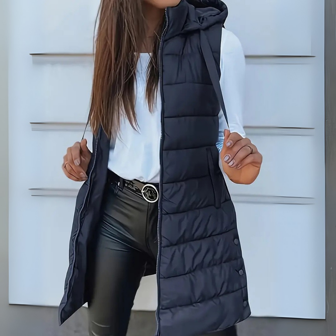 Eirlys hooded puffer vest in navy blue, front view
