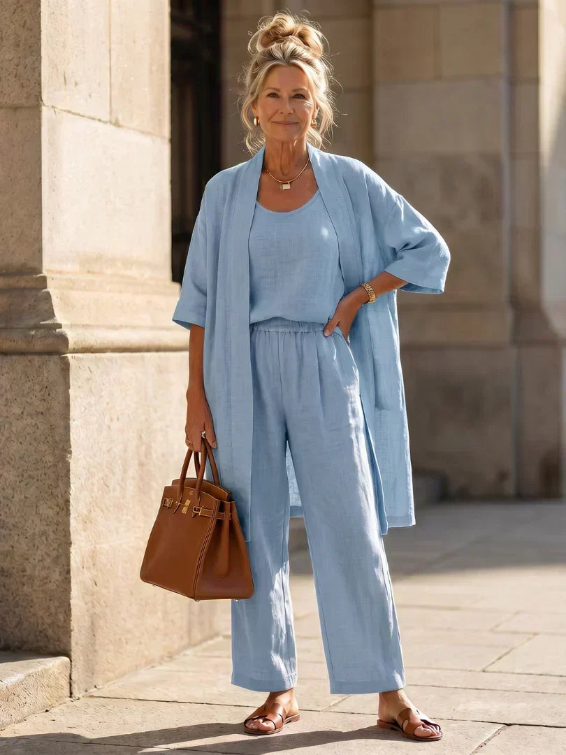 Lorrin three-piece set in light blue, full-length front view