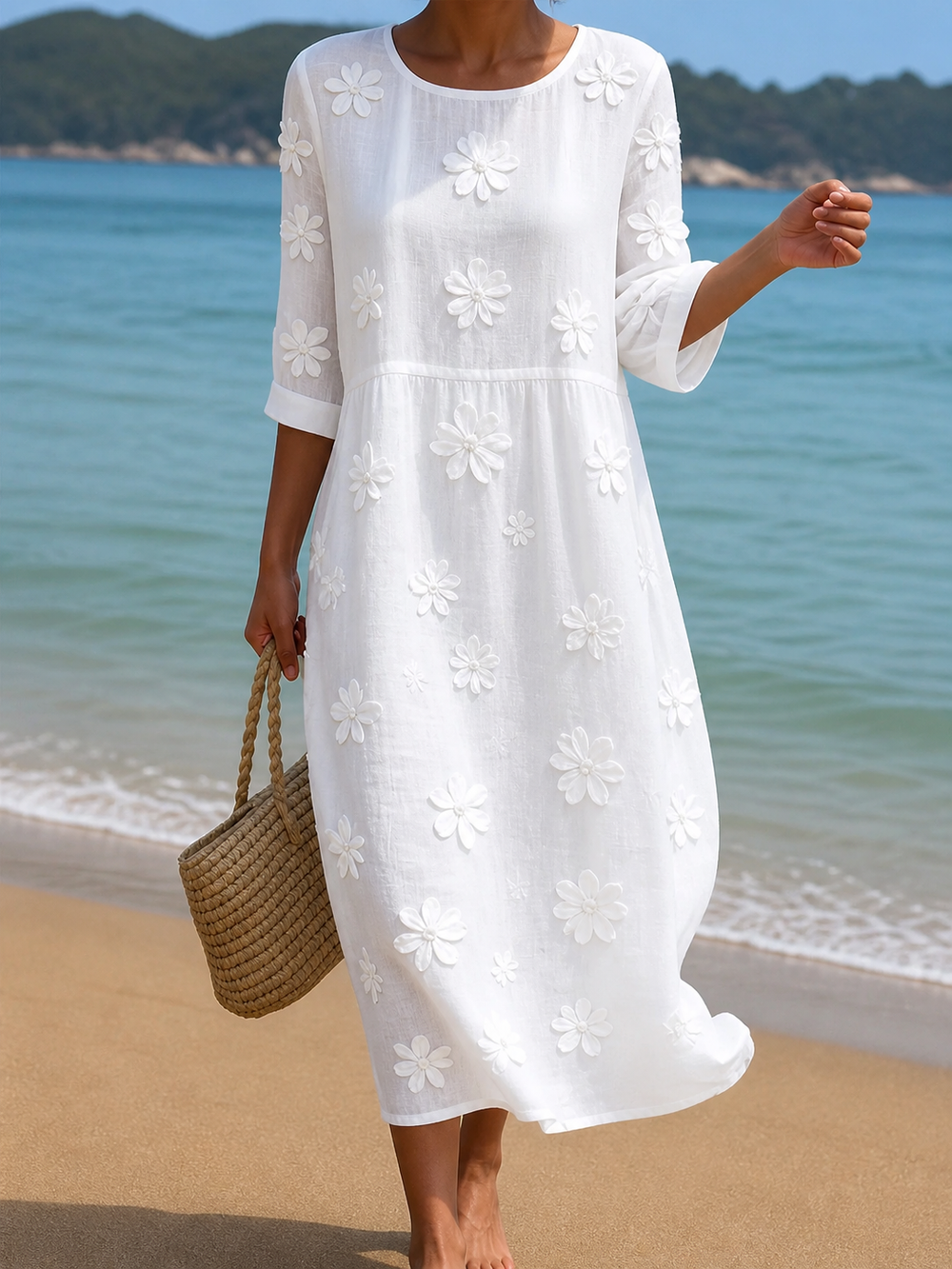 Casual floral midi dress in white with applied daisy flowers, full-length front view