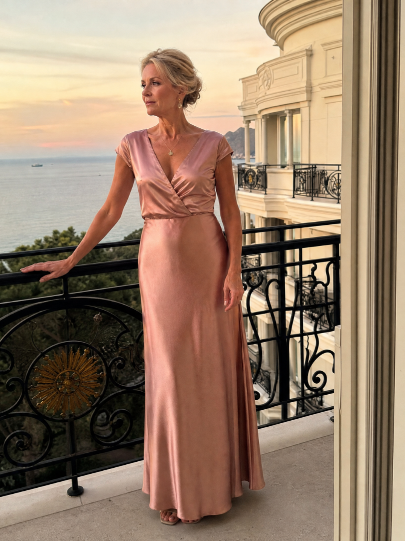 Samouse maxi dress in rose gold worn on a balcony at sunset