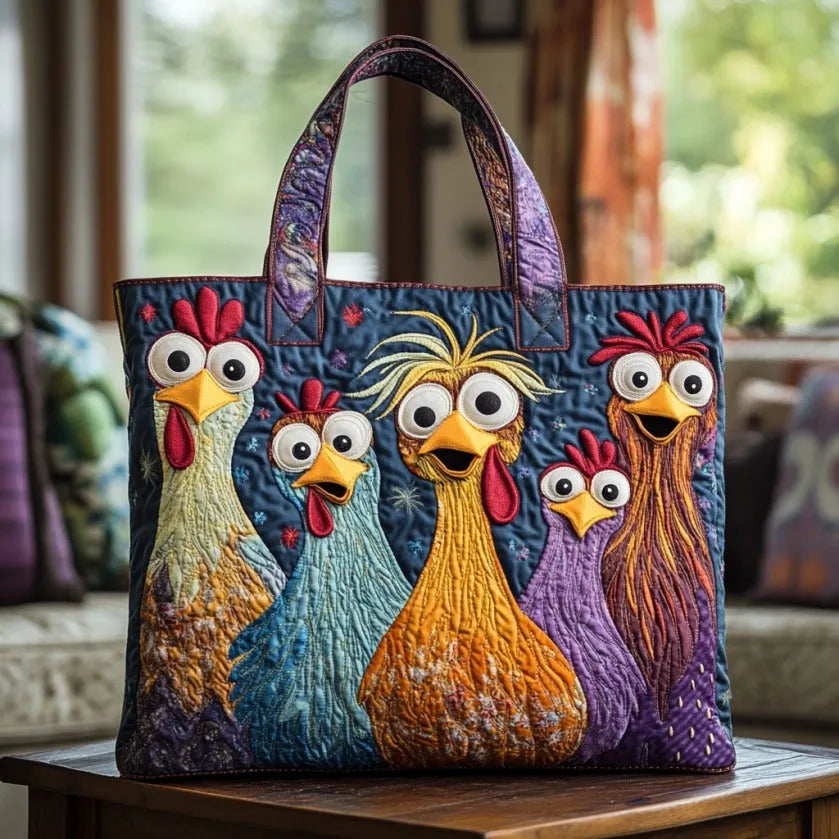 Handcrafted tote bag with five colourful hens on navy, front view with top handles