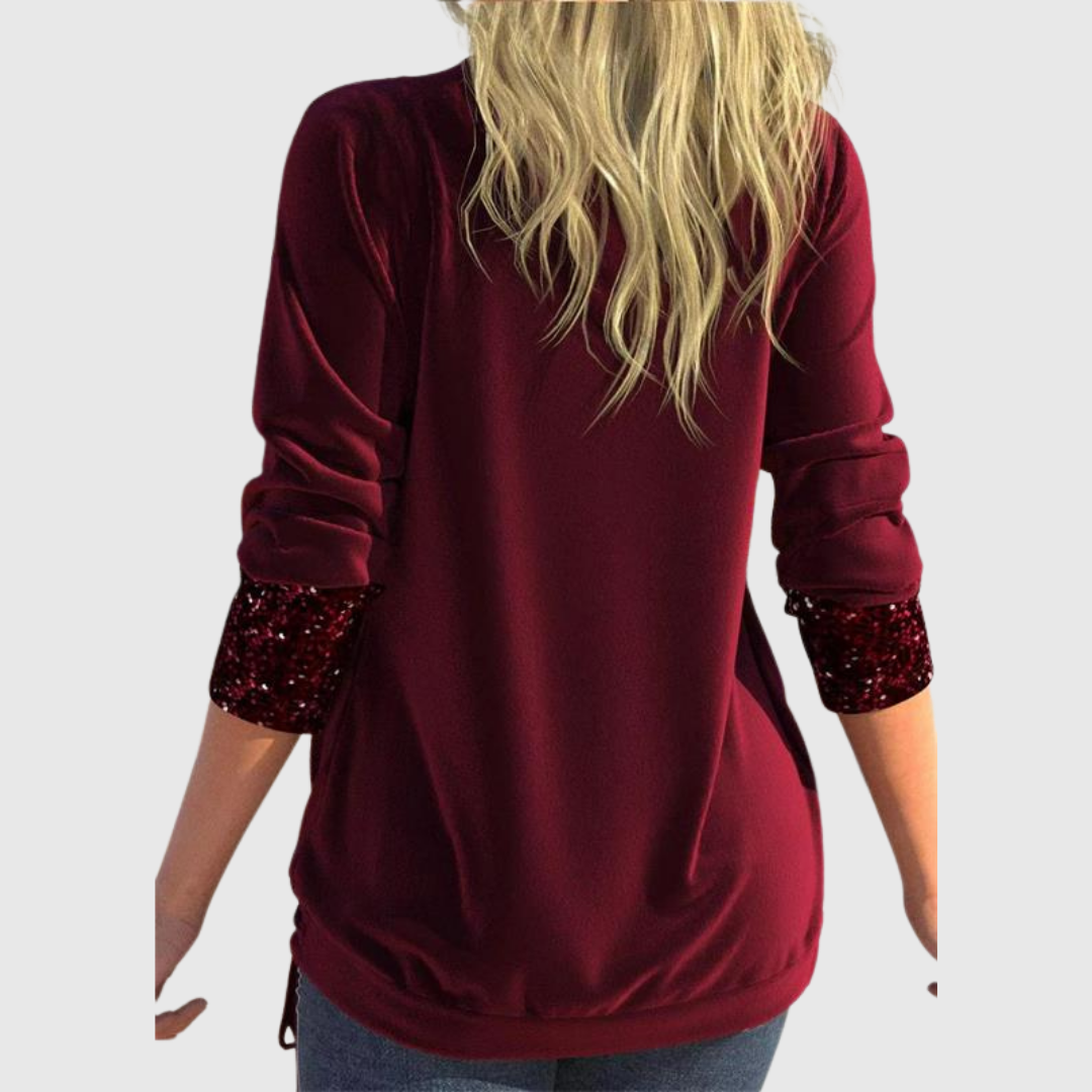 Odeline sequin layer blouse in red, back view