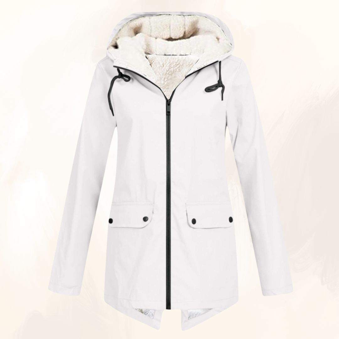 Evelynne winter fur jacket in white, front view with fleece-lined hood