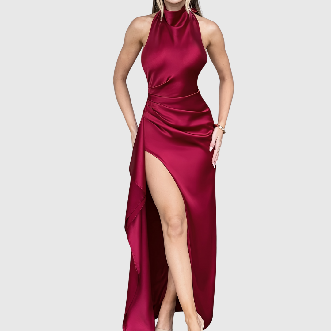 Tahlia satin evening dress in crimson red, full-length front view