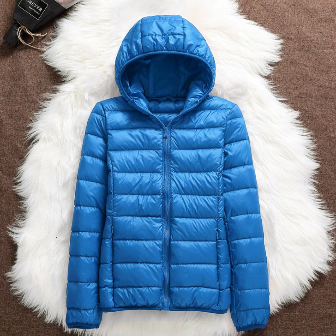 Metta padded jacket in sky blue, flat product view with hood and zip