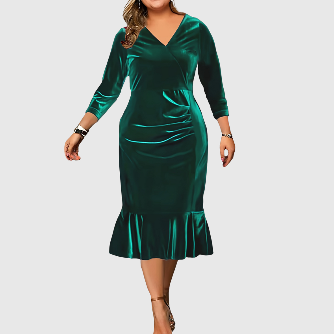 Zaar velvet midi dress in green, full-length front view