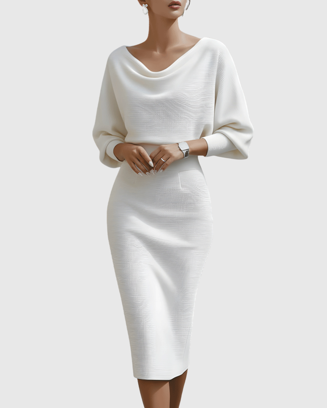 Isméria draped batwing midi dress in white, front view