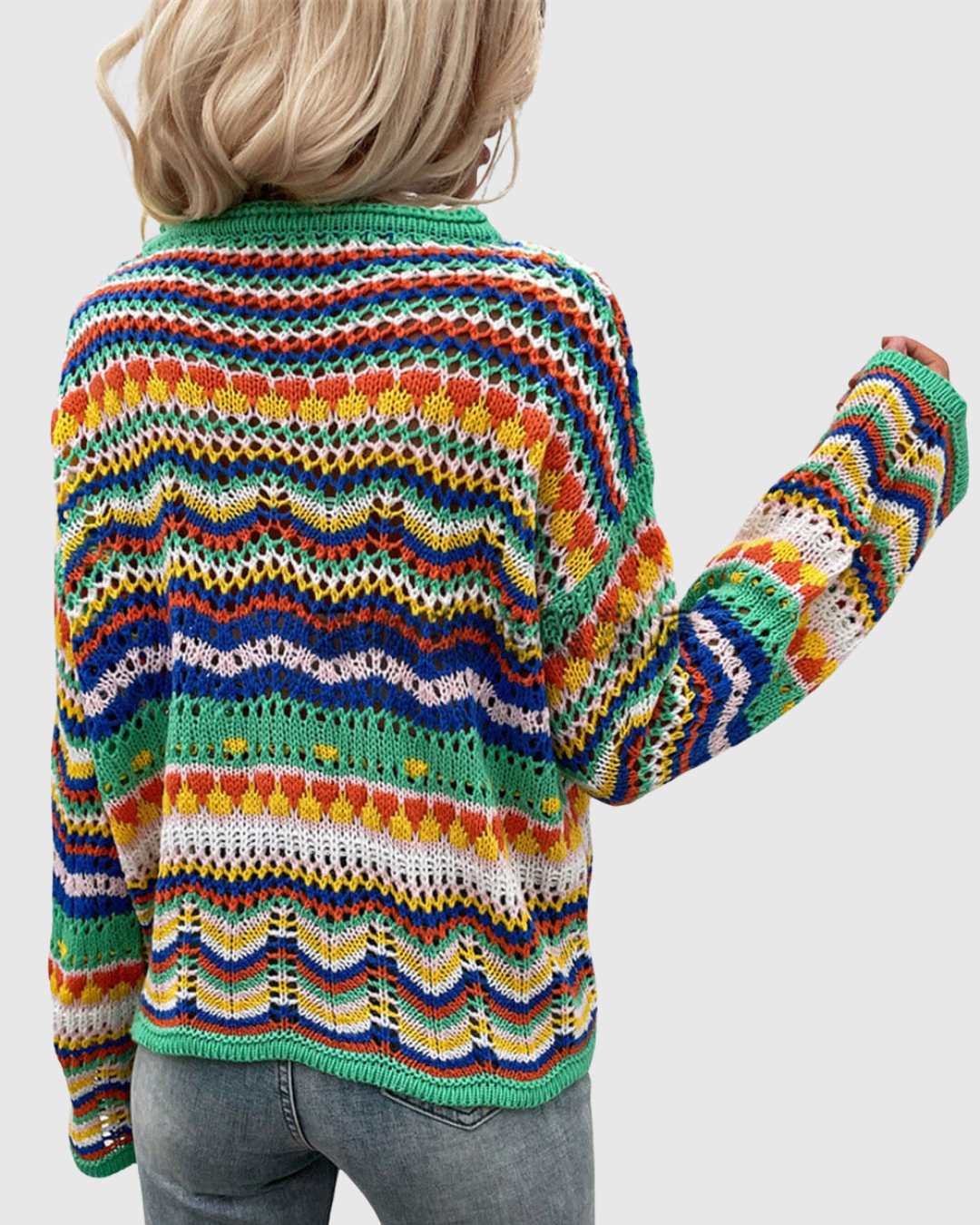 Corvella knit sweater in green multicolour, back view