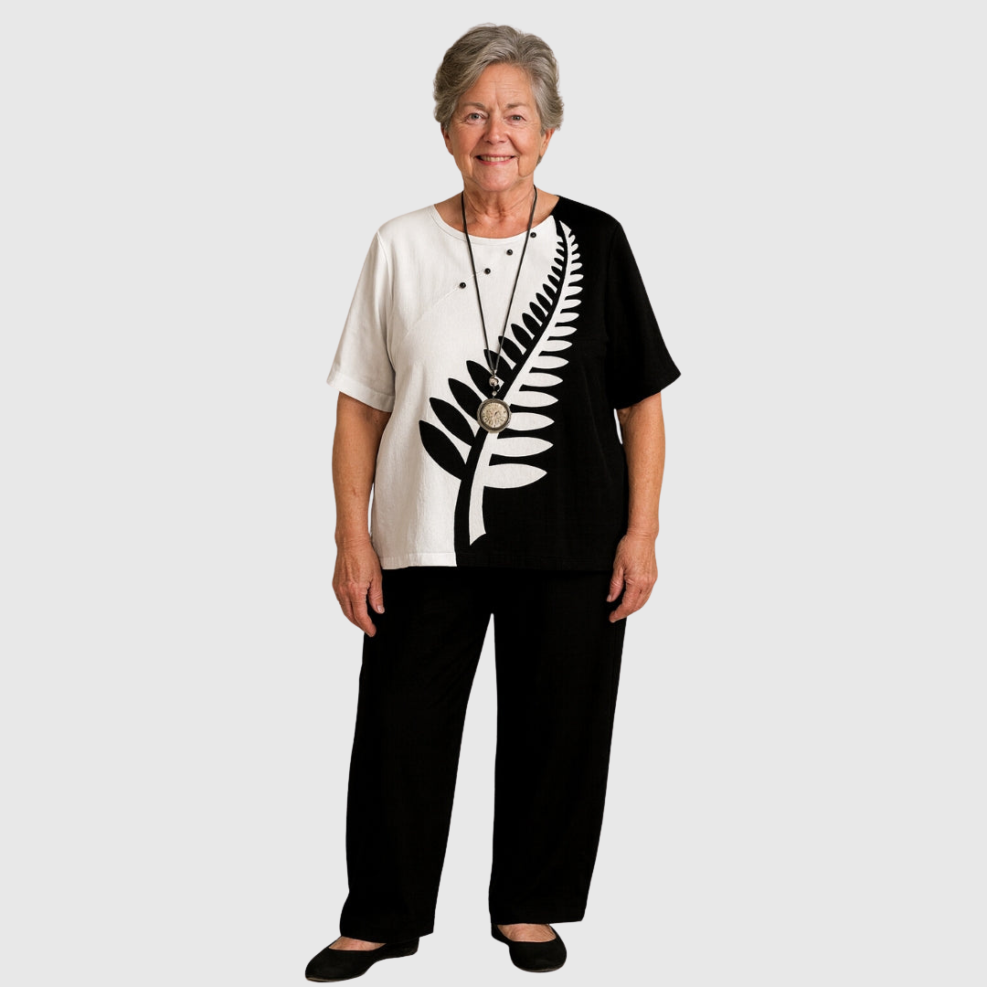 Clarisse comfort set in black and white fern print, worn full-length front view