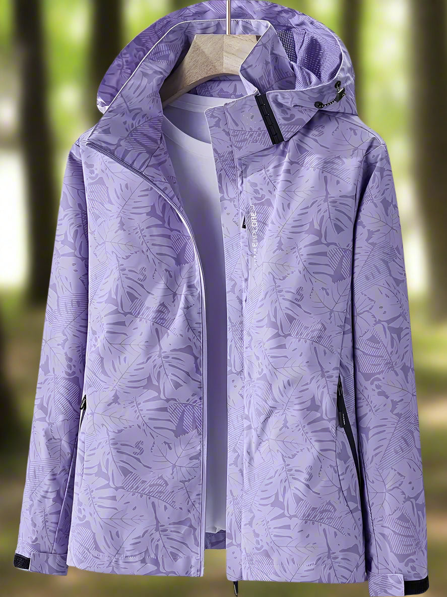 Tauriel leaf print windbreaker in purple, front view on hanger