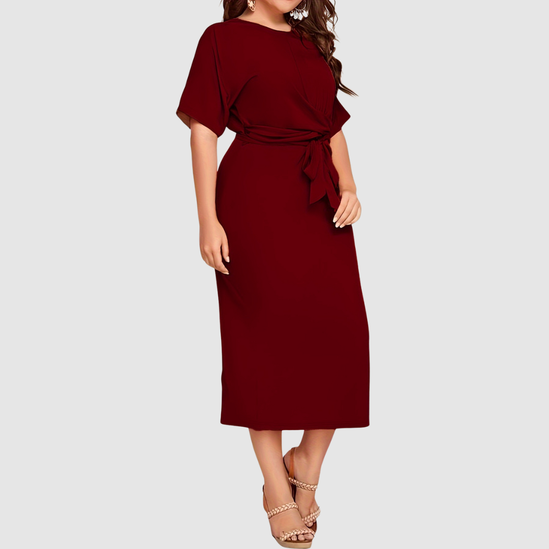 Margaux Lane timeless midi dress in red, full-length side view