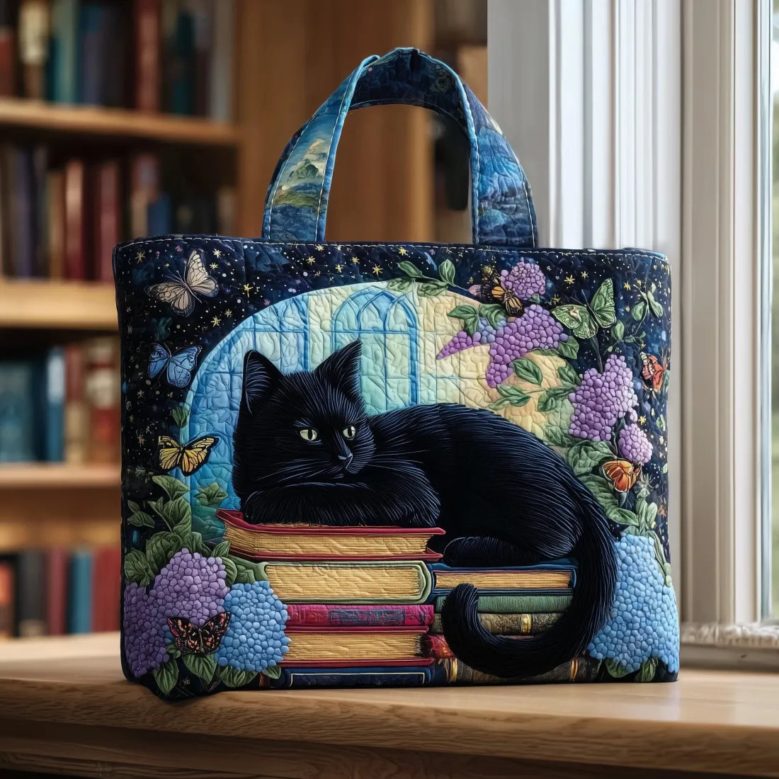 Handcrafted tote bag in midnight blue with black cat on books design, front view