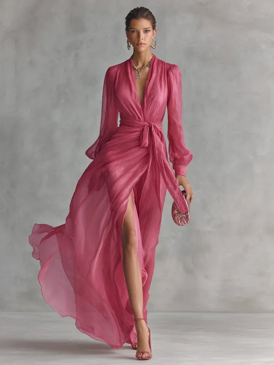 Gloria maxi dress in rose pink, front view with long sleeves and side slit