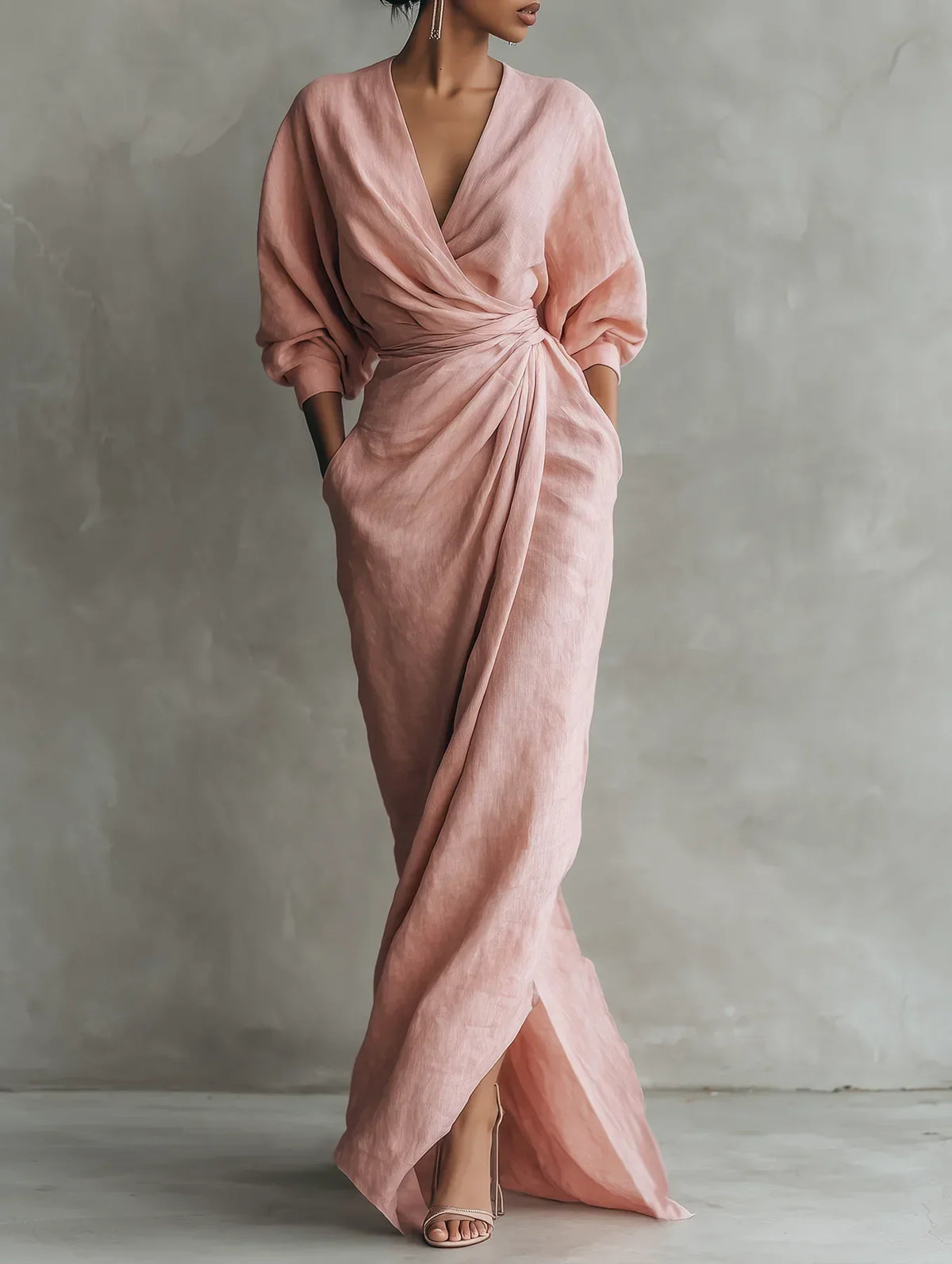 Lorena maxi dress in pink, full-length front view with twisted waist