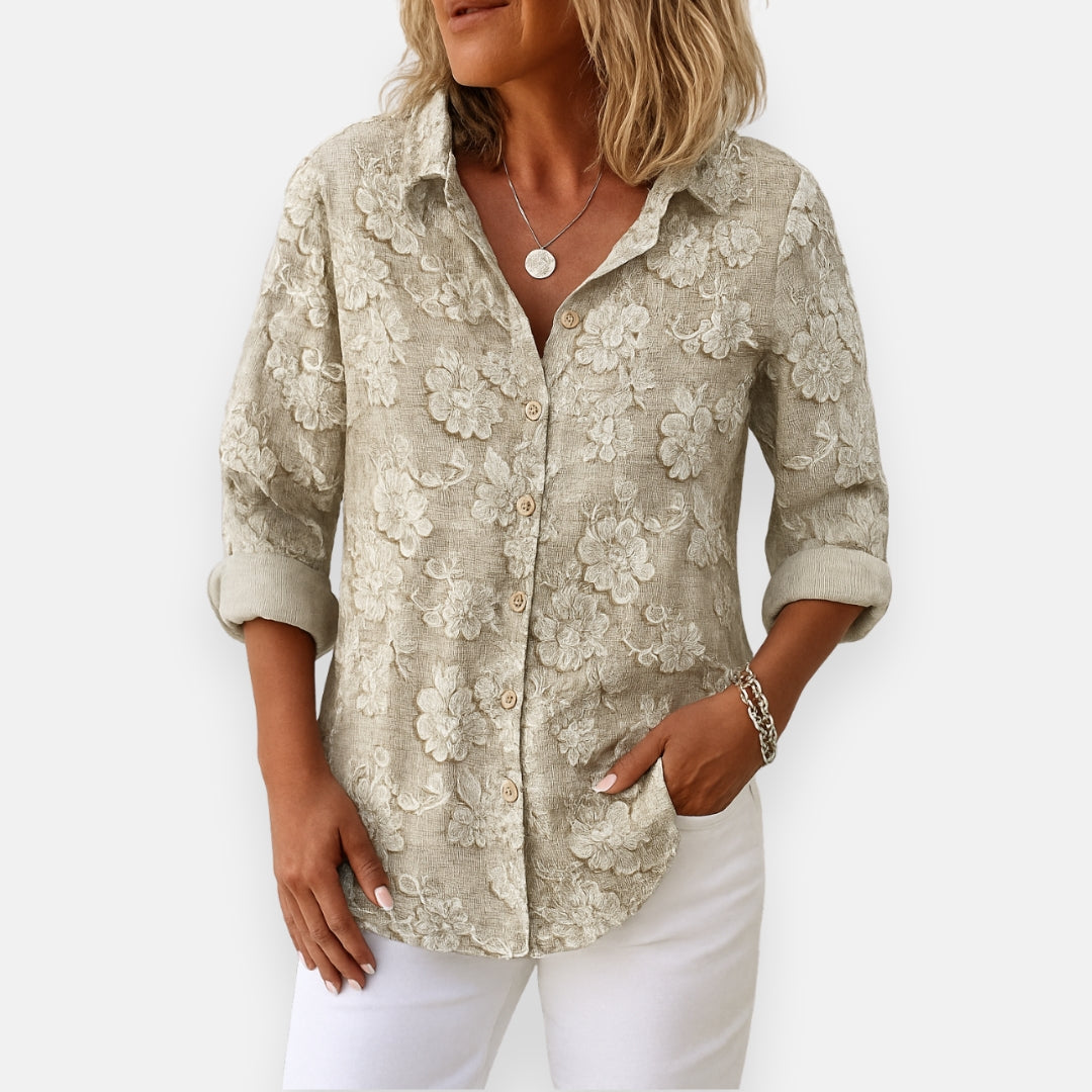 Arabella floral jacquard blouse in oatmeal beige, front view with rolled sleeves