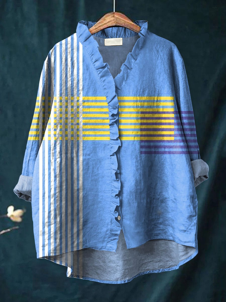 Delphine blouse in blue with yellow and white stripes, front view on hanger