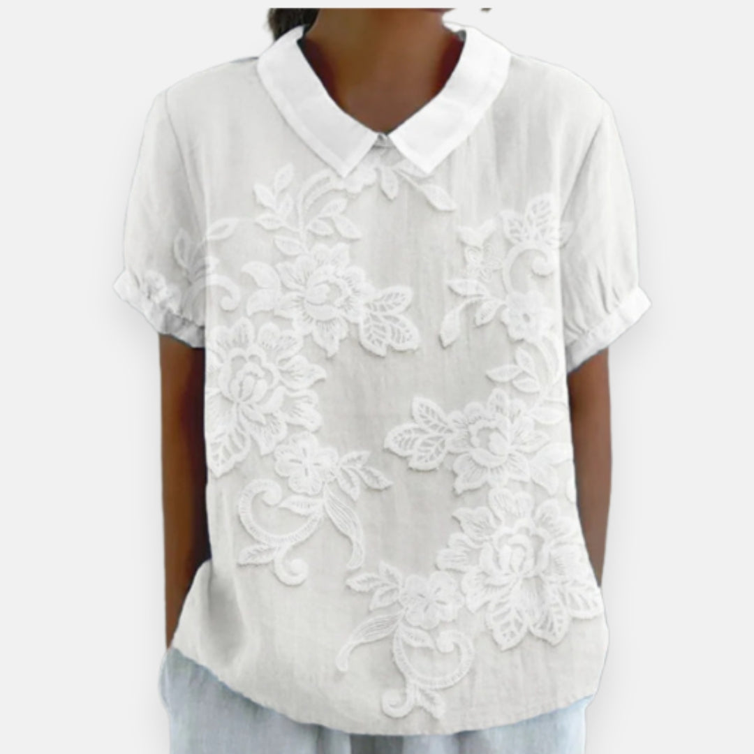 Eleanor floral lace collared blouse in white, front view
