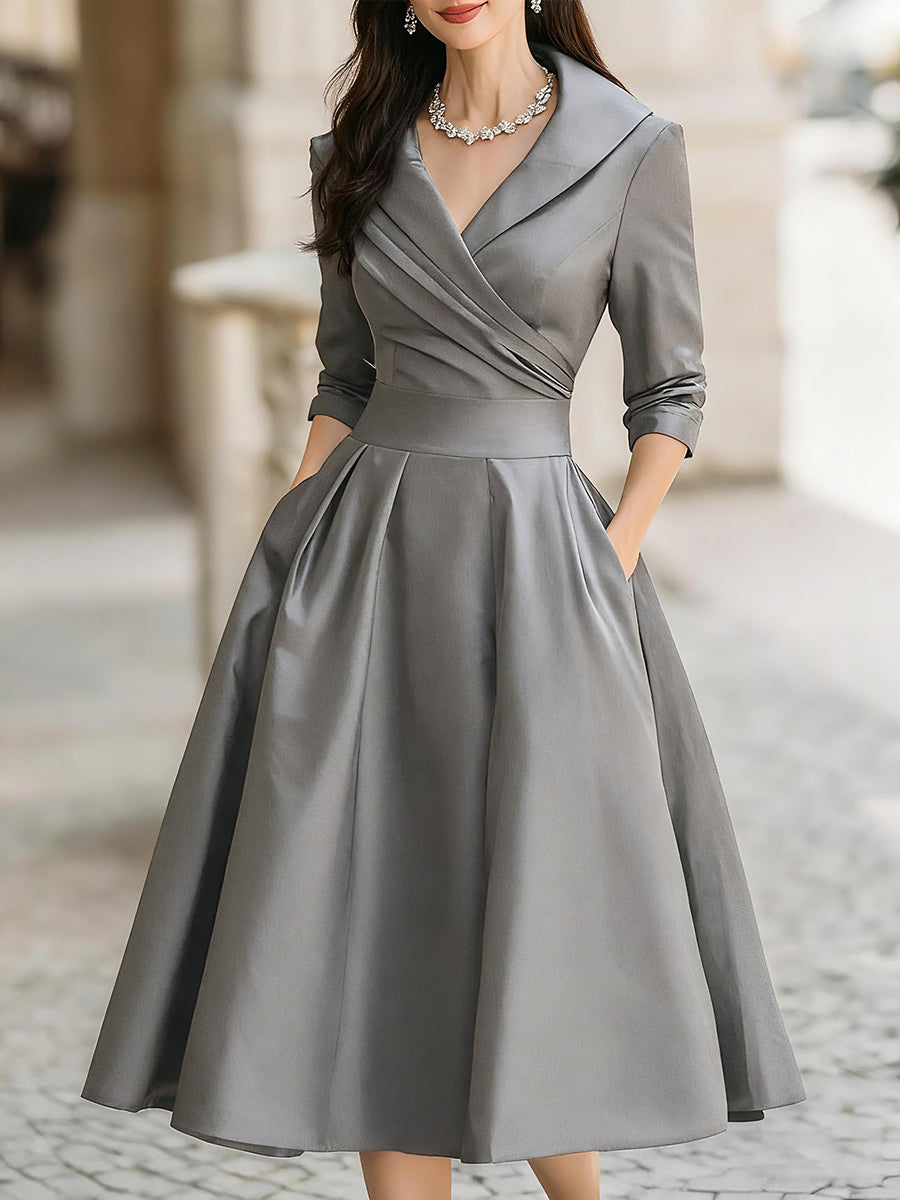 May elegant midi dress in grey, full-length front view